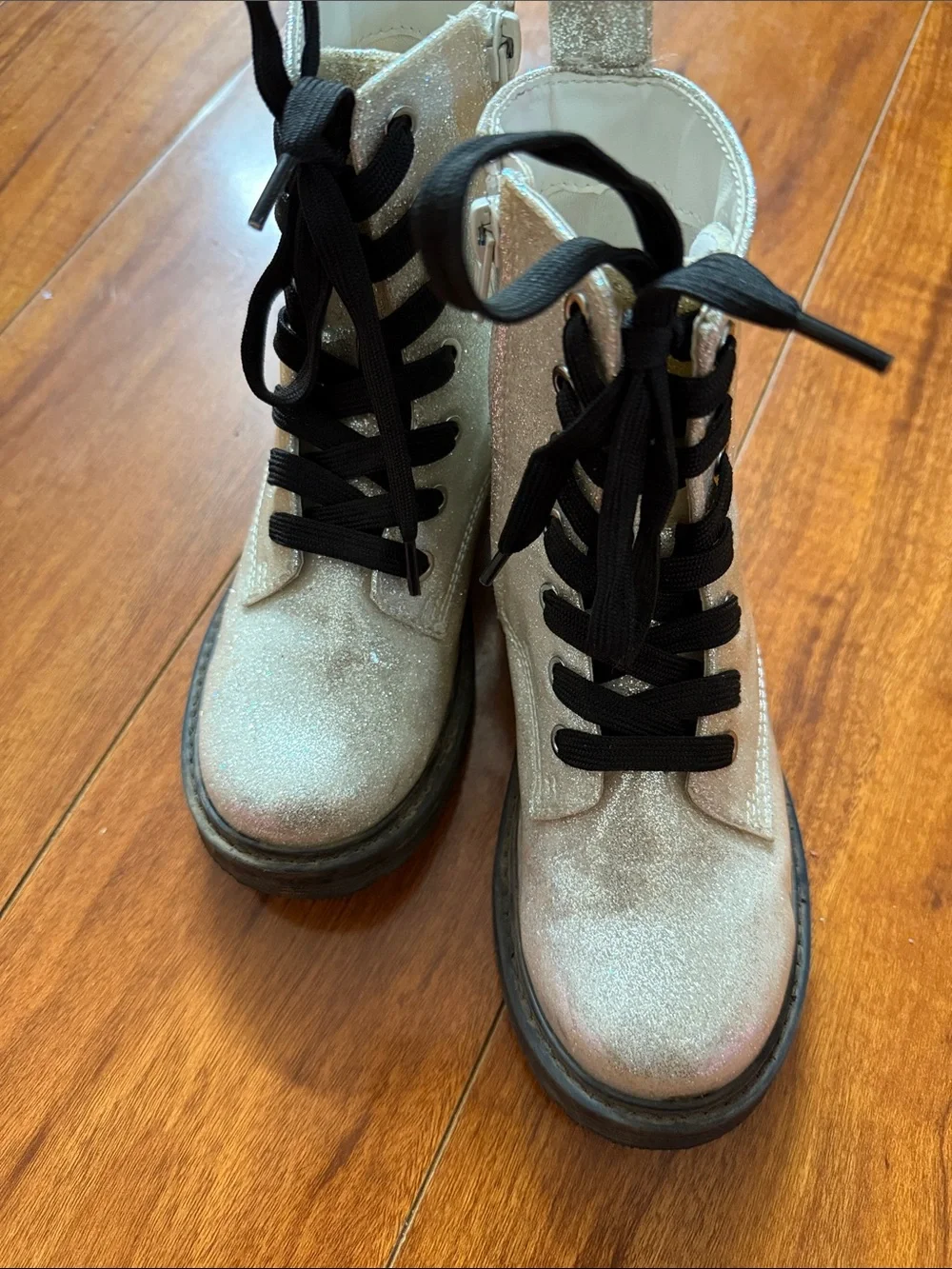 Kids Glitter Combat Boots - Cream with Black Laces